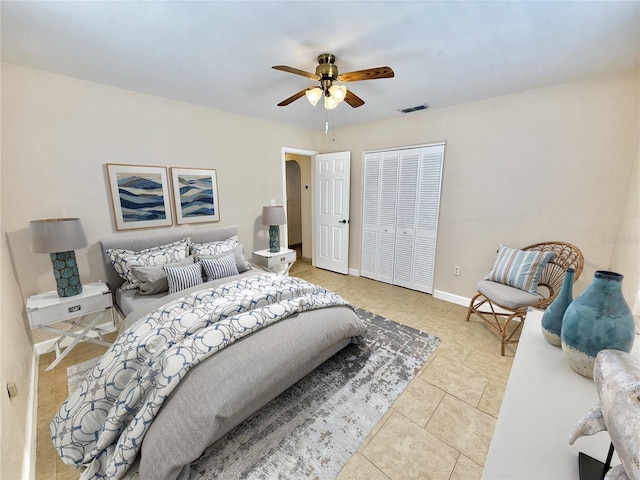 155 Avalon Ave, Flagler Beach, FL 32136 - tiled bedroom with a closet and ceiling fan