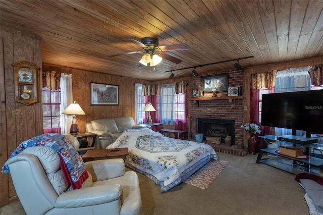 living room with wood walls, rail lighting, carpet, ceiling fan, and wooden ceiling