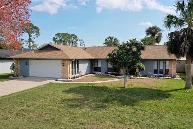 ranch-style house with fence, an attached garage, stucco siding, concrete driveway, and a front lawn