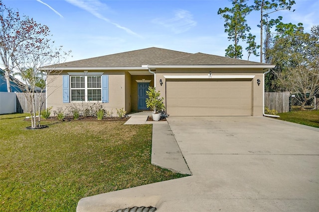 single story home featuring a garage and a front yard