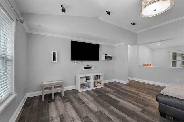 living room with dark hardwood / wood-style flooring, vaulted ceiling, ornamental molding, and a healthy amount of sunlight