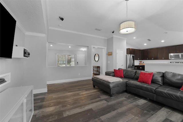 living room with lofted ceiling, ornamental molding, and dark hardwood / wood-style flooring