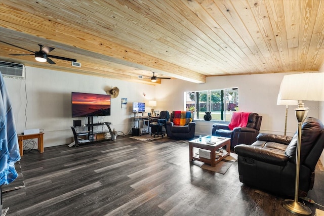 living room with wood ceiling, ceiling fan, wood finished floors, and beam ceiling