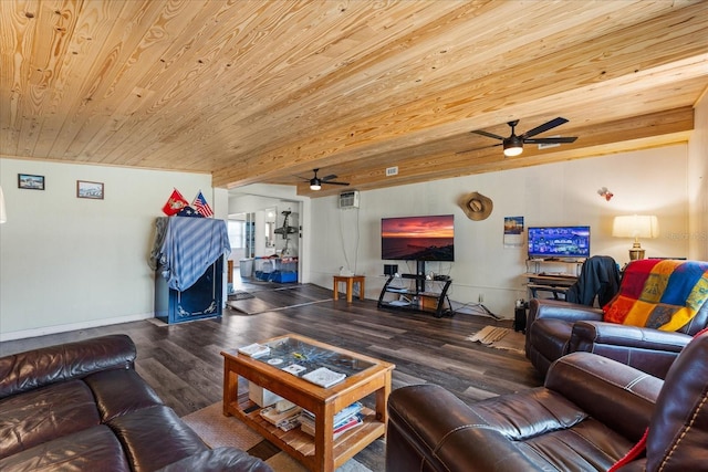 living area with a ceiling fan, wood finished floors, wooden ceiling, a wall mounted air conditioner, and baseboards