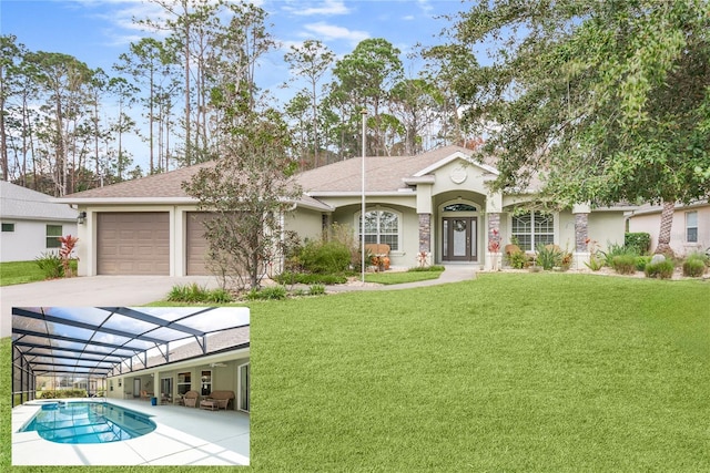 exterior space featuring a garage and a front yard