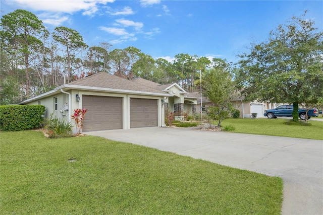 ranch-style home with a garage and a front yard