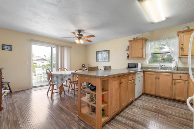 kitchen featuring a healthy amount of sunlight, dark hardwood / wood-style flooring, kitchen peninsula, and dishwasher