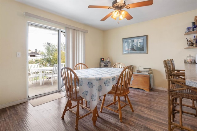 dining space featuring dark wood-type flooring and ceiling fan