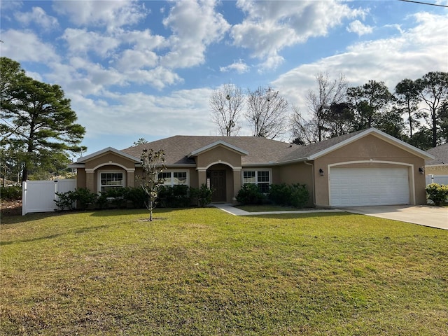 ranch-style home featuring a garage and a front lawn