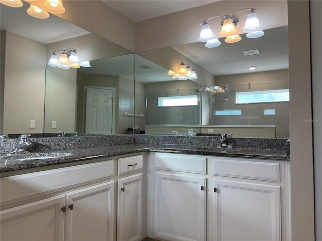 bathroom featuring vanity, plenty of natural light, and tiled shower