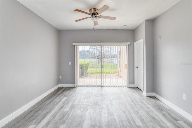 empty room featuring ceiling fan and light hardwood / wood-style flooring