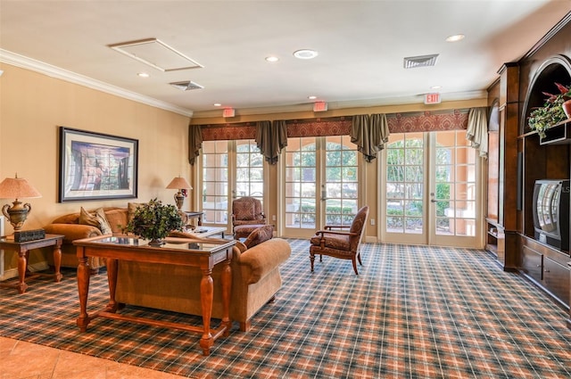 carpeted living room with ornamental molding, a wealth of natural light, and french doors