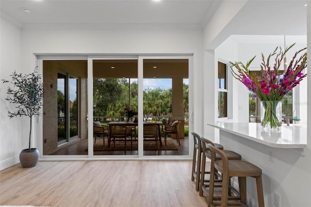 entryway with crown molding and light wood-type flooring