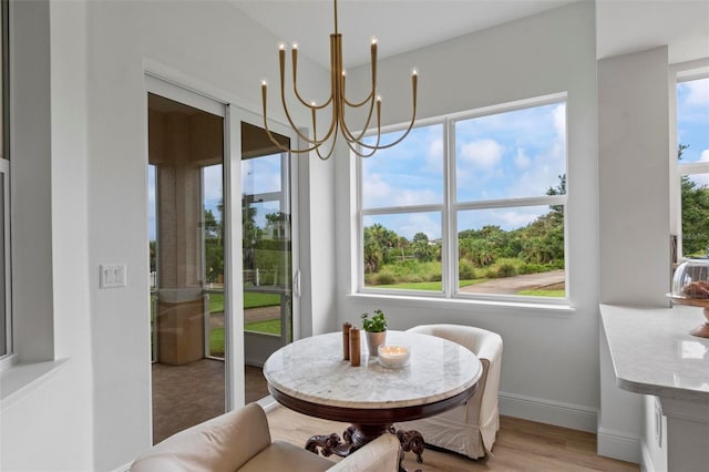 dining room with a wealth of natural light, a notable chandelier, and light wood-type flooring