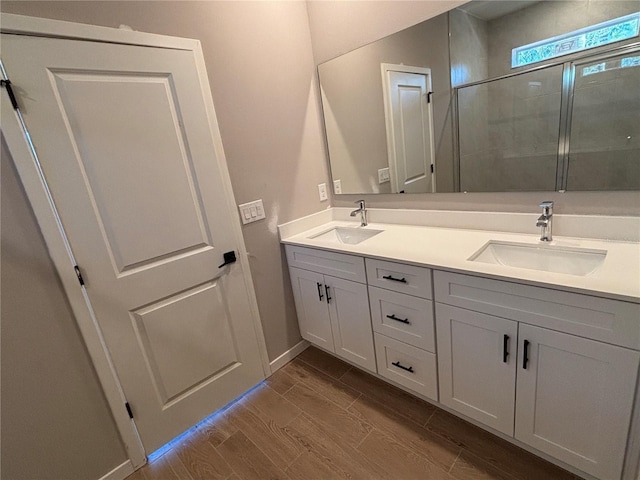 bathroom with vanity and a shower with shower door