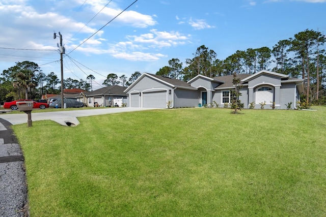 ranch-style house with a garage and a front lawn