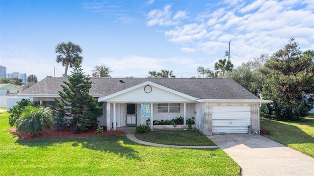 single story home featuring a garage, a porch, and a front yard