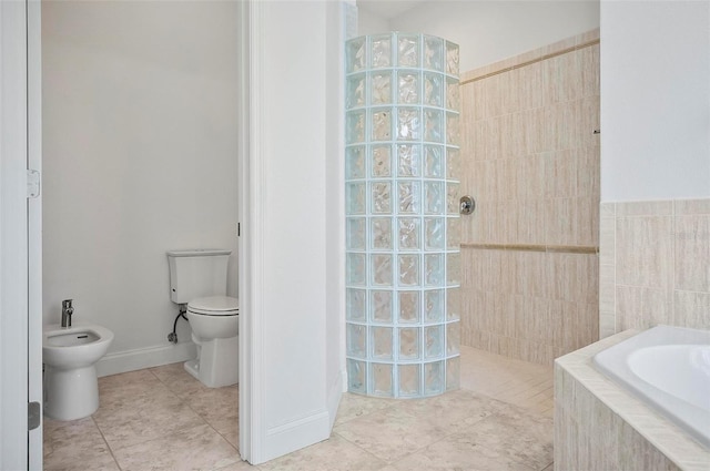 bathroom with a bidet, tile patterned floors, plus walk in shower, and toilet