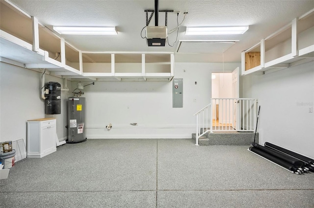 garage with a garage door opener, electric panel, and electric water heater