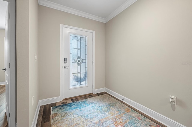 entryway featuring crown molding and dark wood-type flooring