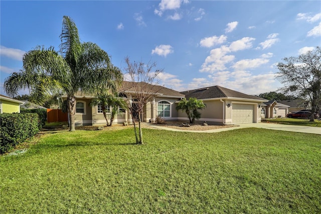 ranch-style house with a garage and a front yard