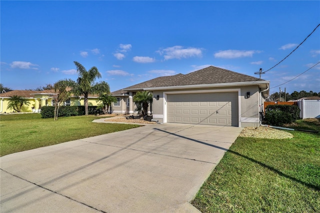 ranch-style house with a garage and a front lawn