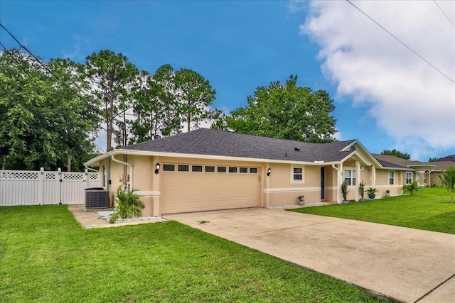 single story home featuring a garage, a front yard, and cooling unit