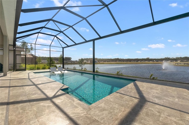 view of pool with a water view, a patio, and a lanai