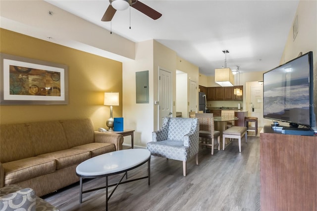 living room featuring ceiling fan, electric panel, and light hardwood / wood-style floors