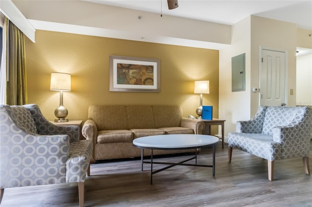 living room featuring wood-type flooring, electric panel, and ceiling fan