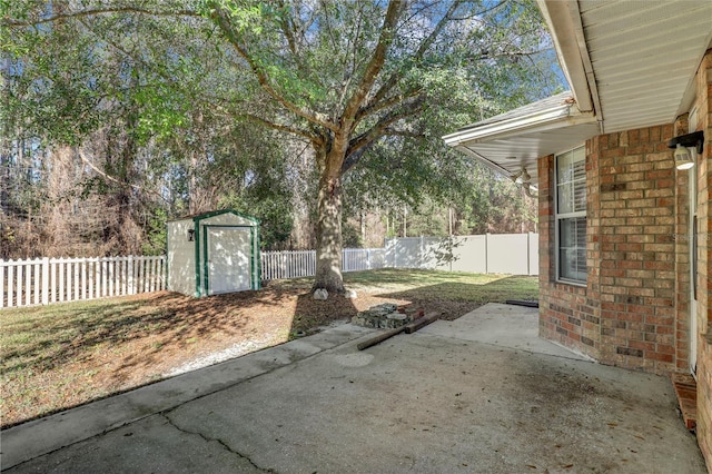 view of patio with a shed