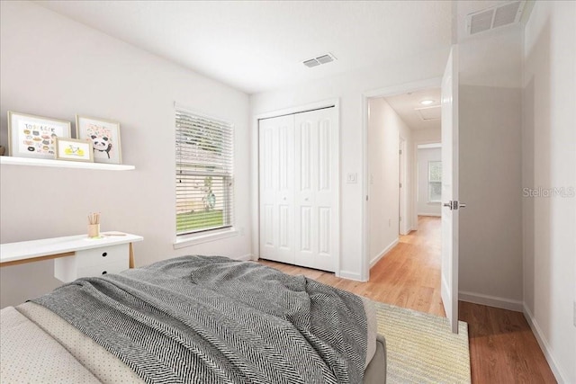 bedroom featuring wood-type flooring and a closet