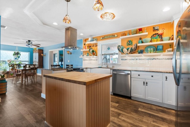 kitchen featuring island range hood, butcher block counters, white cabinets, a center island, and stainless steel appliances