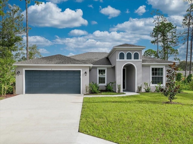 view of front of home featuring a garage and a front lawn