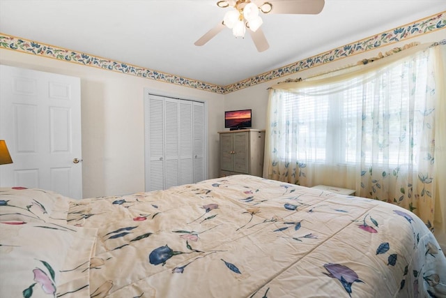 bedroom with ceiling fan and a closet