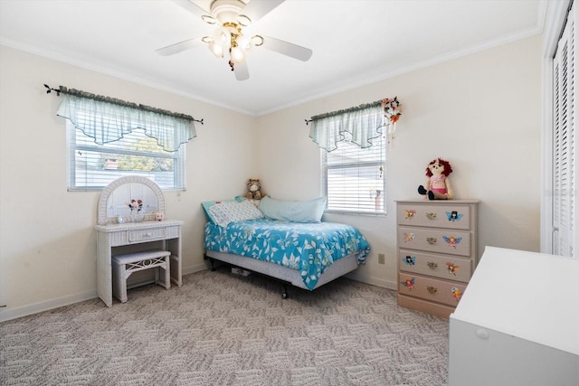 bedroom with multiple windows, ornamental molding, and light colored carpet