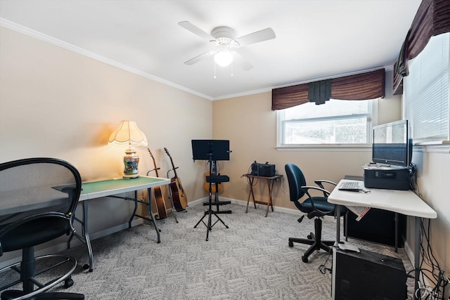 home office with ornamental molding and light carpet