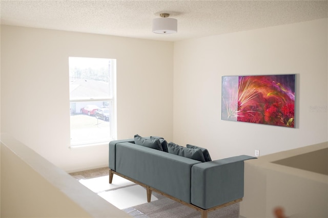 living room featuring carpet flooring and a textured ceiling