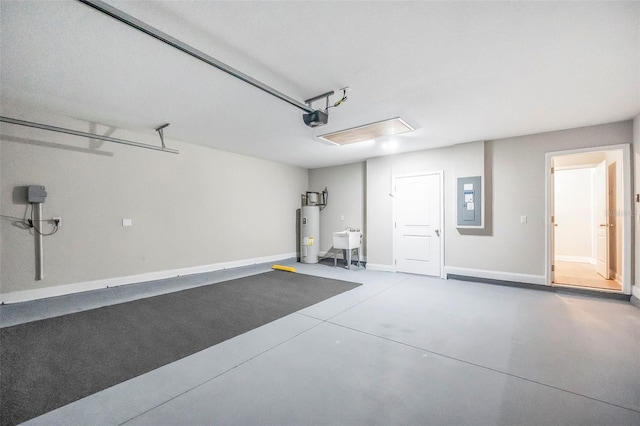 garage with sink, a garage door opener, electric panel, and electric water heater