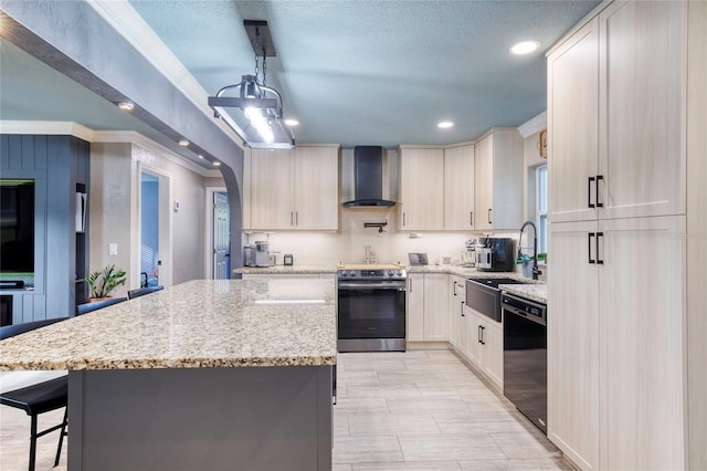 kitchen with stainless steel electric stove, wall chimney range hood, a center island, dishwasher, and pendant lighting