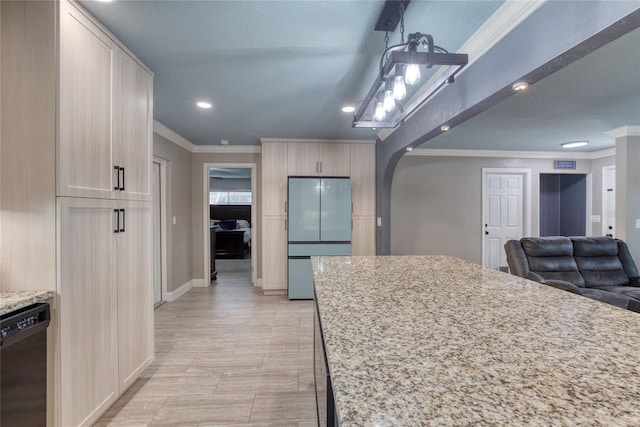 kitchen with arched walkways, ornamental molding, freestanding refrigerator, light stone countertops, and dishwasher