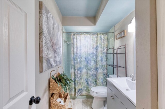 bathroom featuring a shower with curtain, vanity, and toilet