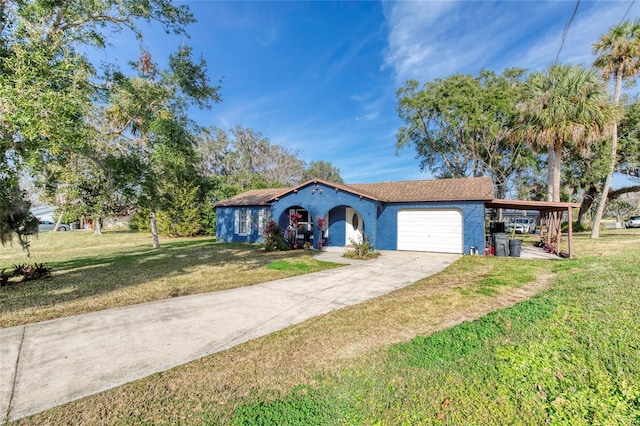 view of front facade featuring a garage, concrete driveway, a carport, and a front yard