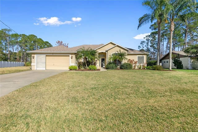 ranch-style home featuring a garage and a front yard