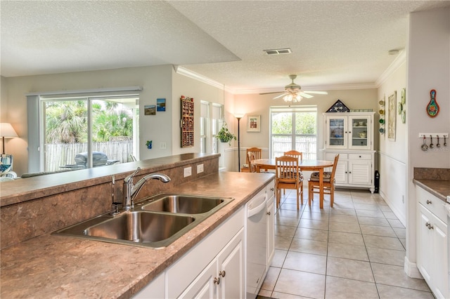 kitchen featuring white cabinetry, sink, white dishwasher, and a healthy amount of sunlight