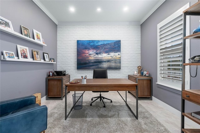 office space with baseboards, brick wall, recessed lighting, an accent wall, and crown molding