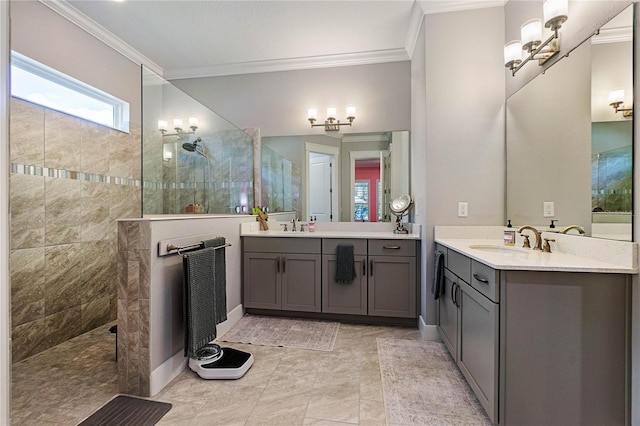 bathroom with crown molding, a walk in shower, two vanities, and a sink