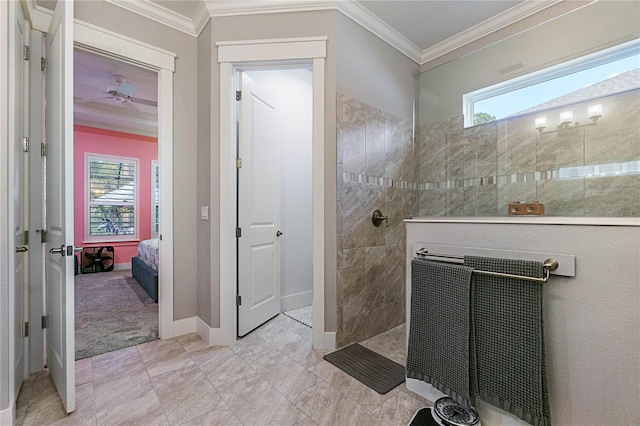 ensuite bathroom with baseboards, walk in shower, ornamental molding, and ensuite bathroom