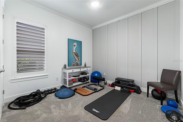 workout area with carpet and ornamental molding