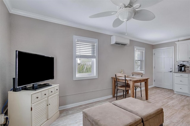 living room featuring a wall mounted air conditioner, ornamental molding, and light wood-type flooring